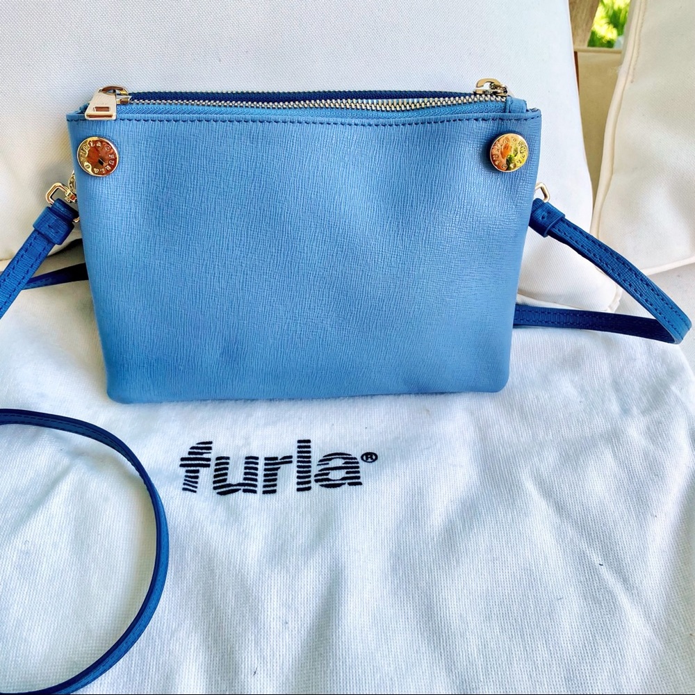 Furla Lilli Saffiano Double Zip Blue Two Tone Leather Crossbody EUC